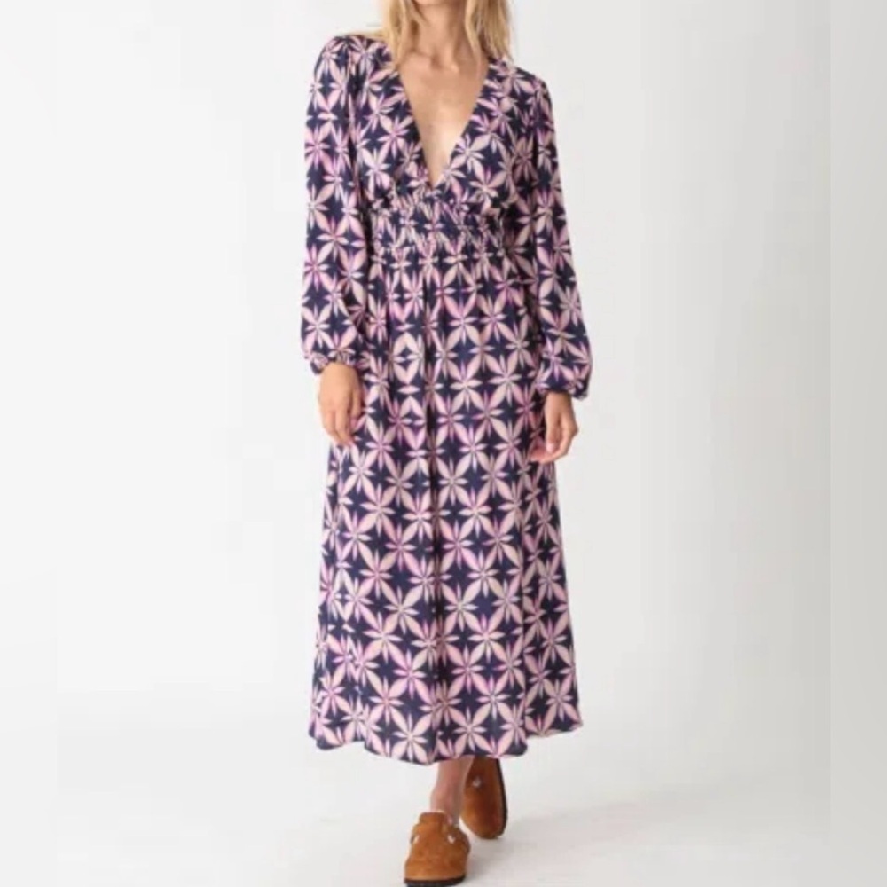 Electric & Rose Melody Printed Midi Dress -Dark Indigo Purple Starburst. Size S